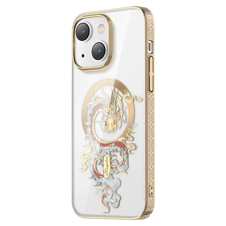 KINGXBAR Myth Series Magnetic Phone Case for iPhone 14 Plus Compatible with MagSafe, Clear PC Laser Carving Electroplated Back Cover - Golden Dragon