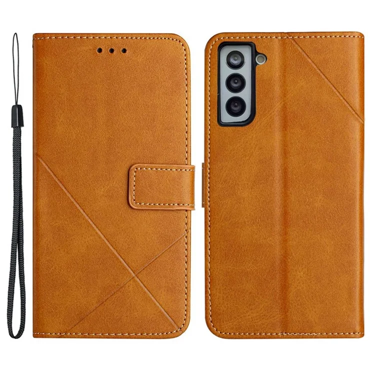 For Samsung Galaxy S23+ Drop-proof Line Imprinting Phone Case Solid Color PU Leather Magnetic Clasp Wallet Stand Flip Cover with Strap - Yellow