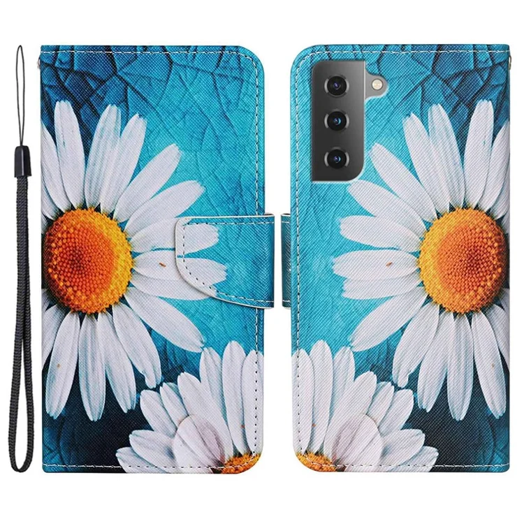 Pattern Printing Phone Case for Samsung Galaxy S23, Cross Texture Anti-scratch PU Leather Wallet Stand Inner TPU Cover - Large Chrysanthemum