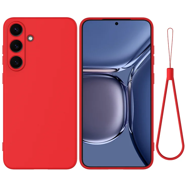 For Samsung Galaxy S25 FE Liquid Silicone Case Phone Back Cover with Hand  Strap - Red
