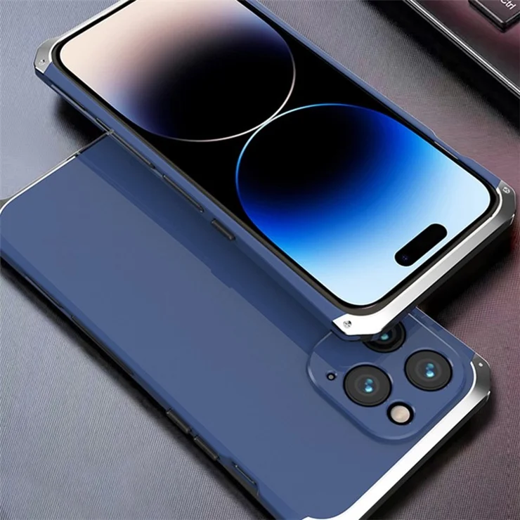 For iPhone 14 Pro 3-Piece Design Hybrid Phone Case Heavy Duty Protection PC+Metal Shockproof Armor Cover - Blue / Silver