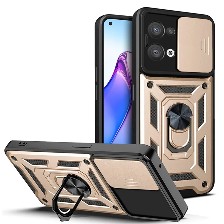 For Oppo Reno8 5G (Global Version) Ring Kickstand PC+TPU Hybrid Cover Slide Lid Camera Protection Drop-proof Phone Case - Gold