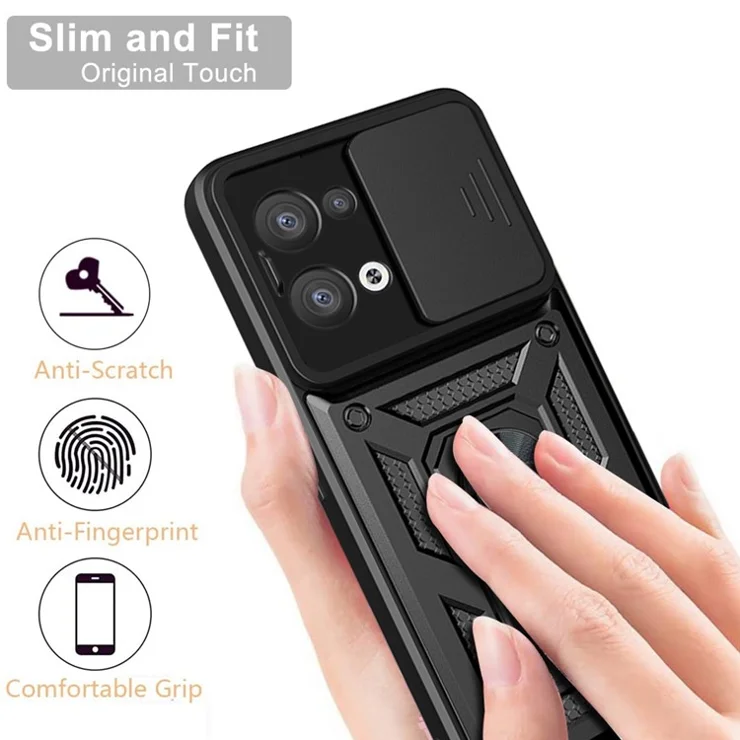 For Oppo Reno8 5G (Global Version) Ring Kickstand PC+TPU Hybrid Cover Slide Lid Camera Protection Drop-proof Phone Case - Gold