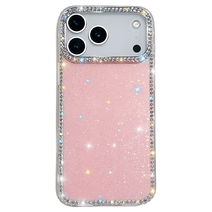 For iPhone 17 Pro Max Case Rhinestone Edge Glitter Back TPU + PC IMD Phone  Cover - Glitter Light Pink