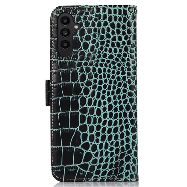For Samsung Galaxy A14 5G / A14 4G Genuine Cowhide Leather Side Magnetic Clasp Phone Case Crocodile Texture RFID Blocking Stand Wallet Cover - Green