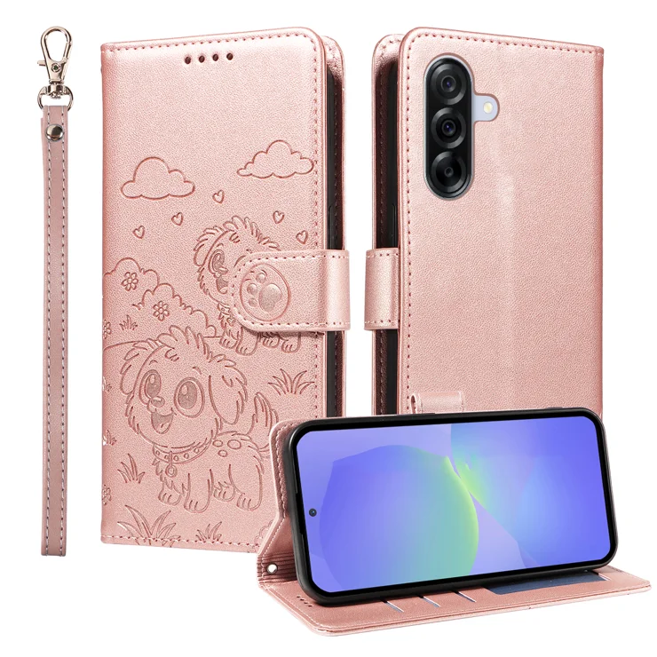 For Samsung Galaxy A36 5G Case RFID Blocking Imprint Dog Pattern PU Leather Phone Cover with Wrist Strap - Pink For Samsung Galaxy A36 5G Case RFID Blocking Imprint Dog Pattern PU Leather Phone Cover with Wrist Strap - Pink