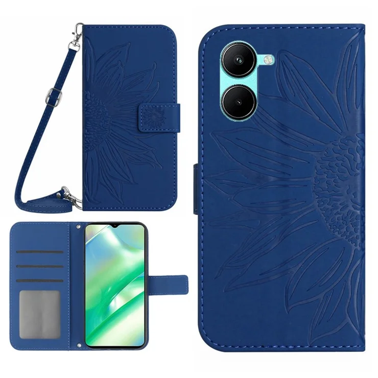 For Realme 10 5G / 9i 5G HT04 Bump Proof Skin-Touch PU Leather Phone Case Imprinted Sunflower Foldable Stand Wallet Cover with Shoulder Strap - Sapphire