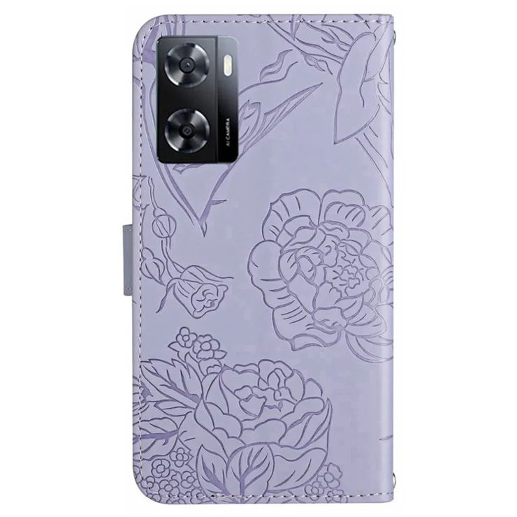For OnePlus Nord N300 5G HT03 Butterfly Flowers Imprinted Skin-touch PU Leather Phone Case Magnetic Closure Wallet Function Stand Cover with Shoulder Strap - Purple