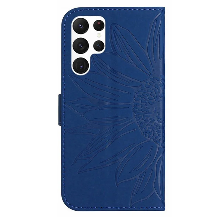Skin-friendly Phone Cover For Samsung Galaxy S23 Ultra, HT04 Sunflower Imprinted Cell Phone Case with Wallet Stand and Hand Strap - Sapphire