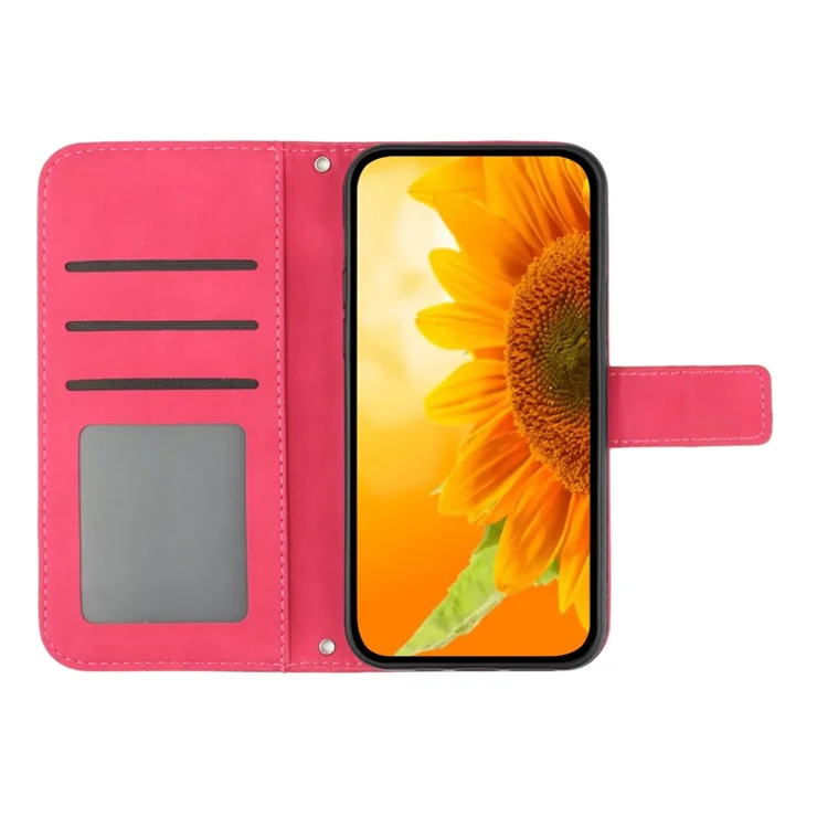 For Samsung Galaxy S23+ HT04 Flip Wallet Cover Skin-Touch Imprinted Sunflower Scratch-resistant Phone Case Stand with Hand Strap - Rose