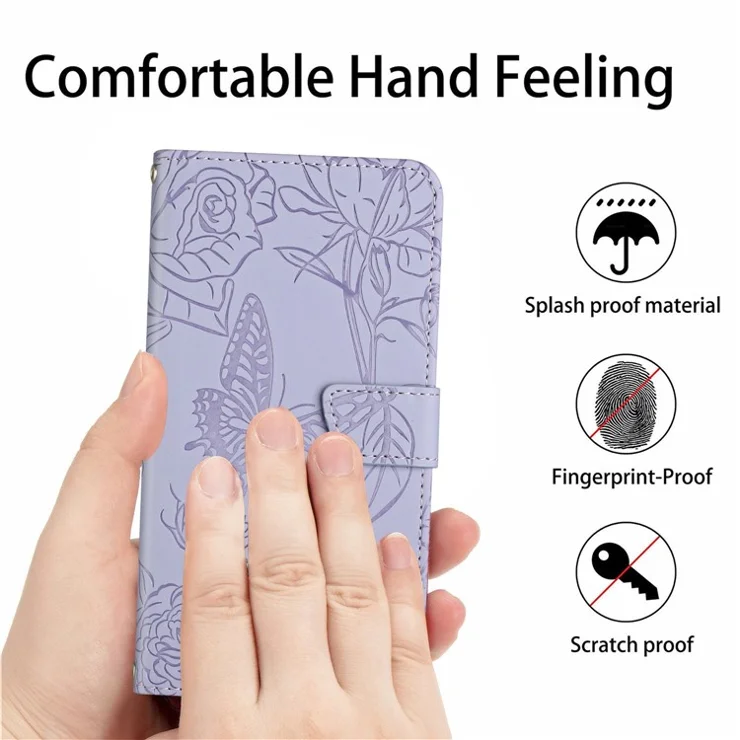 For Samsung Galaxy A14 5G / A14 4G HT03 PU Leather Wallet Case Stand Imprinted Butterfly Flowers Phone Cover with Shoulder Strap - Light Purple