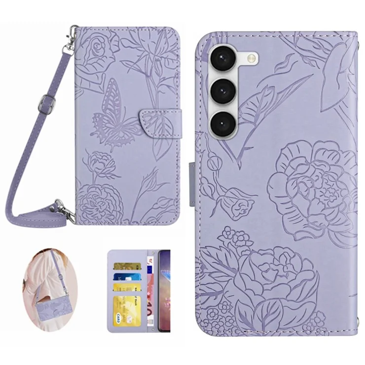 For Samsung Galaxy S23+ HT03 Skin-touch PU Leather Wallet Phone Case Butterfly Flowers Imprinted Stand Magnetic Folio Cover with Shoulder Strap - Light Purple