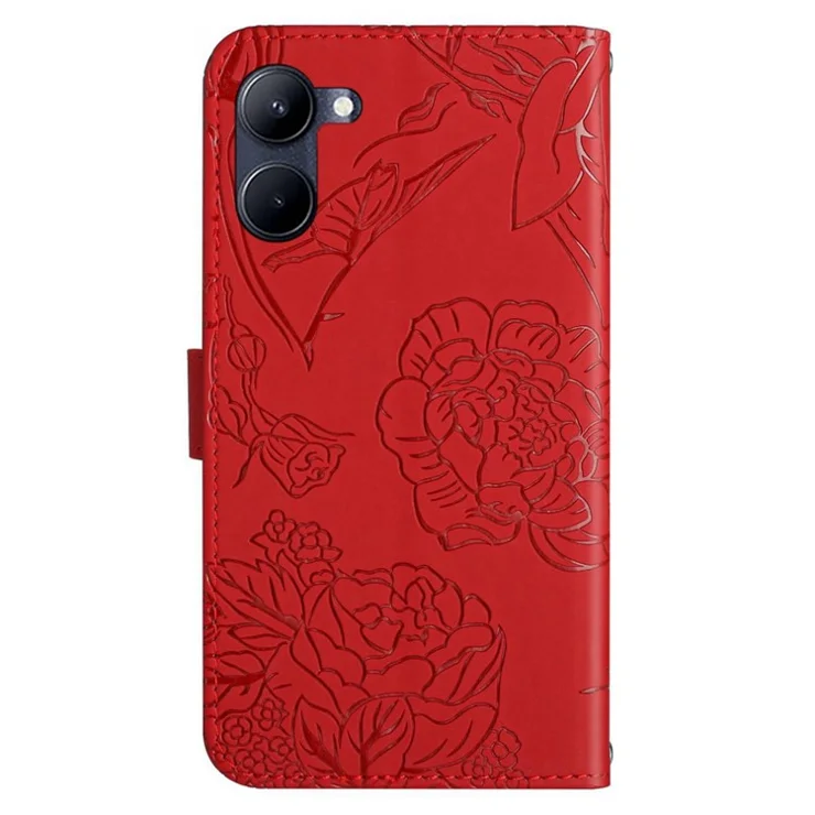 For Realme C33 2023 4G / C33 4G HT03 Imprinted Butterfly Flowers Magnetic Phone Case Skin-touch PU Leather Stand Wallet Flip Cover with Shoulder Strap - Red