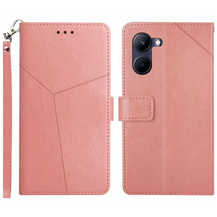 Flip Leather Cell Phone Cover For Realme 10 5G / 9i 5G, HT01 Imprinted Y-Shaped Lines Full Protection Phone Case Wallet Stand with Strap - Pink