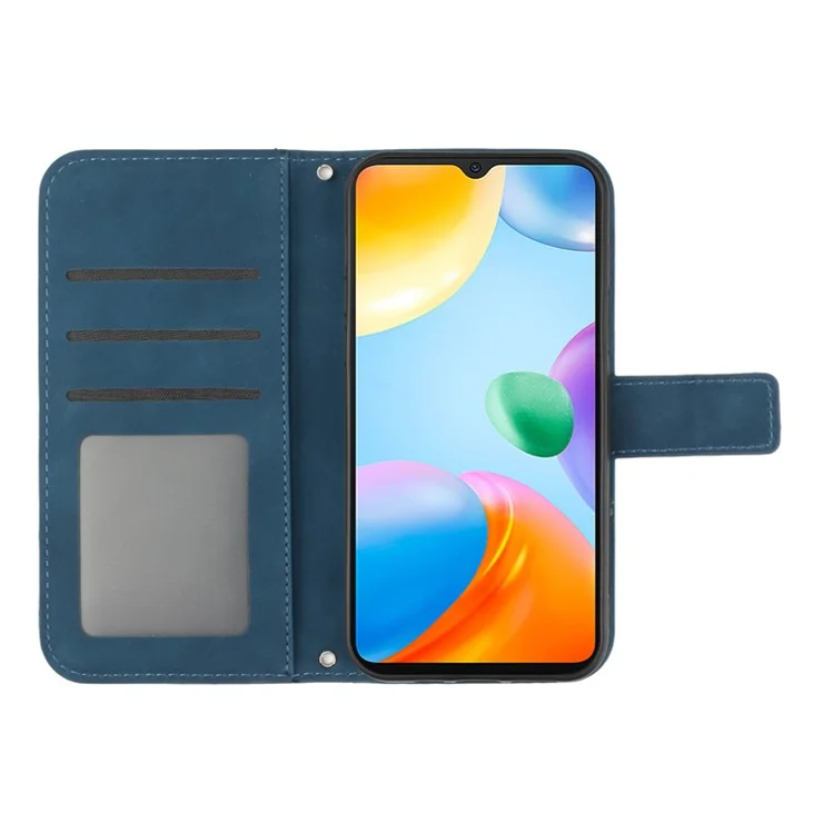 For Xiaomi Redmi 10C 4G HT04 Sunflower Imprinted Skin-Touch Anti-scratch Phone Case Magnetic Clasp PU Leather Wallet Cover Stand with Shoulder Strap - Dark Blue