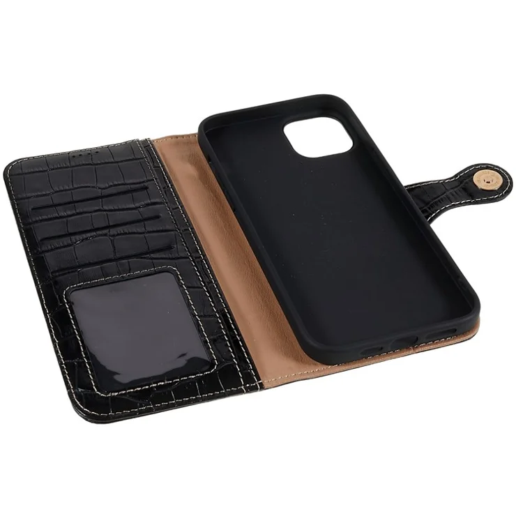 For iPhone 14 Plus Genuine Cowhide Leather Anti-drop Phone Case Crocodile Texture Stand Full Protection Flip Wallet Cover - Black