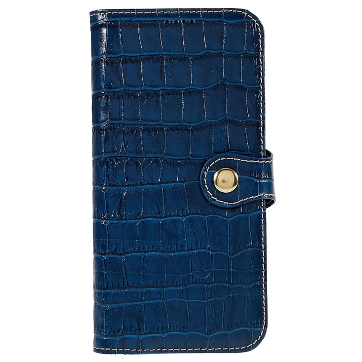 For iPhone 14 Pro Genuine Cowhide Leather Phone Case Card Holder Crocodile Texture Stand Flip Wallet Cover Protective Phone Shell - Blue