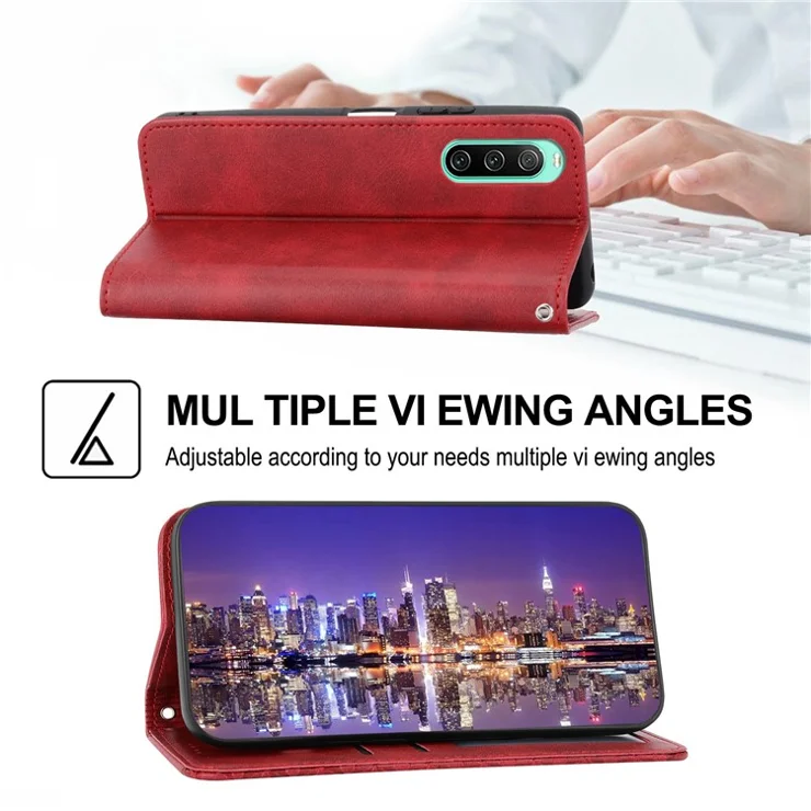 For Sony Xperia 10 IV 5G Calf Texture PU Leather Case Stand Wallet Imprinted Rhombus Pattern Magnetic Phone Cover with Strap - Red