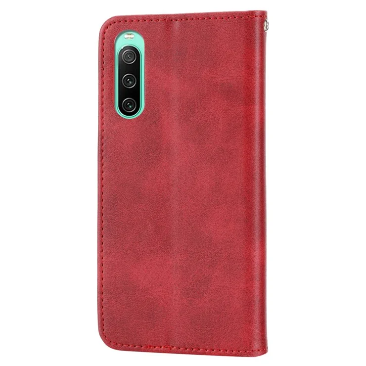 For Sony Xperia 10 IV 5G Calf Texture PU Leather Case Stand Wallet Imprinted Rhombus Pattern Magnetic Phone Cover with Strap - Red