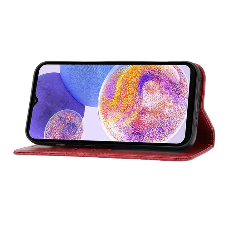 For Samsung Galaxy A73 5G Calf Texture PU Leather Wallet Case Imprinted Rhombus Pattern Magnetic Auto-absorbed Phone Stand Cover with Strap - Red