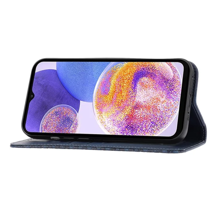 For Samsung Galaxy S22 5G Imprinted Rhombus Pattern Wallet Stand Phone Case Calf Texture PU Leather Shockproof Cover with Strap - Blue