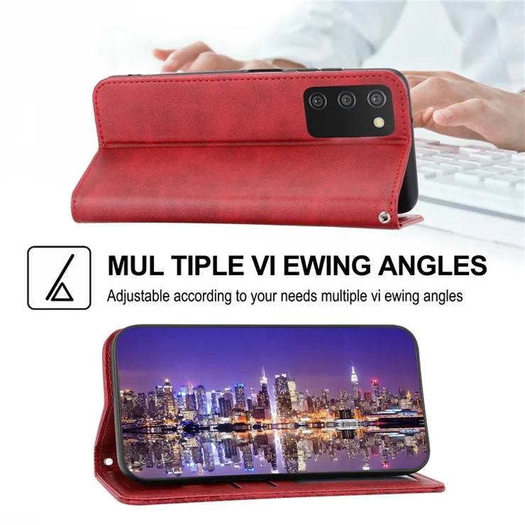 Cell Phone Case For Samsung Galaxy A03s (166.5 x 75.98 x 9.14mm), Calf Texture PU Leather Imprinted Rhombus Pattern Anti-shock Phone Cover Wallet Stand with Strap - Red