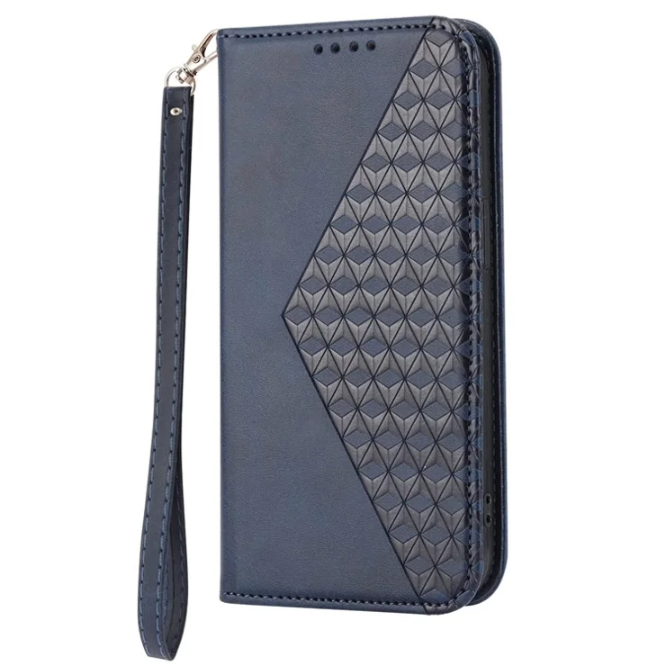 For iPhone 14 Pro Max Calf Texture PU Leather Case Magnetic Wallet Imprinted Rhombus Pattern Phone Stand Cover with Strap - Blue