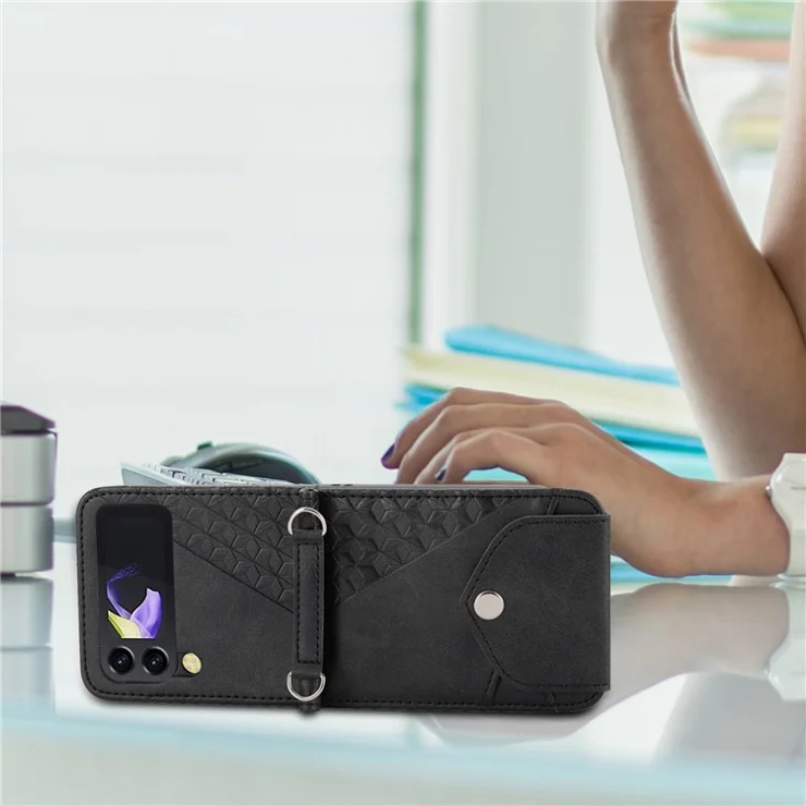 For Samsung Galaxy Z Flip3 5G Imprinted Rhombus Pattern PU Leather Case Card Holder Calf Texture Phone Stand Cover with Shoulder Strap - Black