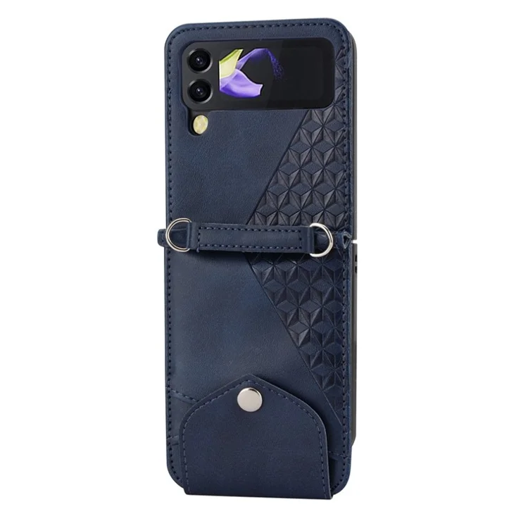 For Samsung Galaxy Z Flip3 5G Imprinted Rhombus Pattern PU Leather Case Card Holder Calf Texture Phone Stand Cover with Shoulder Strap - Blue
