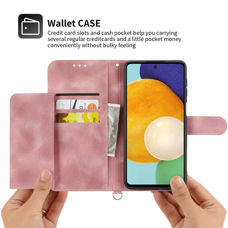 For Samsung Galaxy A33 5G Wallet Design Skin-touch Imprinted Flowers Pattern Leather Case Stand Phone Cover with Wrist Strap and Shoulder Strap - Pink