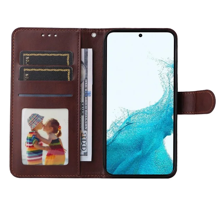 Cell Phone Case for Samsung Galaxy S23, Magnetic Clasp Classic Calf Texture PU Leather Wallet Stand Cover with Wrist Strap - Brown