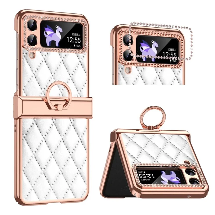 For Samsung Galaxy Z Flip4 5G Ring Kickstand PU Leather Coated PC Phone Case Rhinestone Decor Electroplate Imprinted Rhombus Grid Pattern Shockproof Cover - White