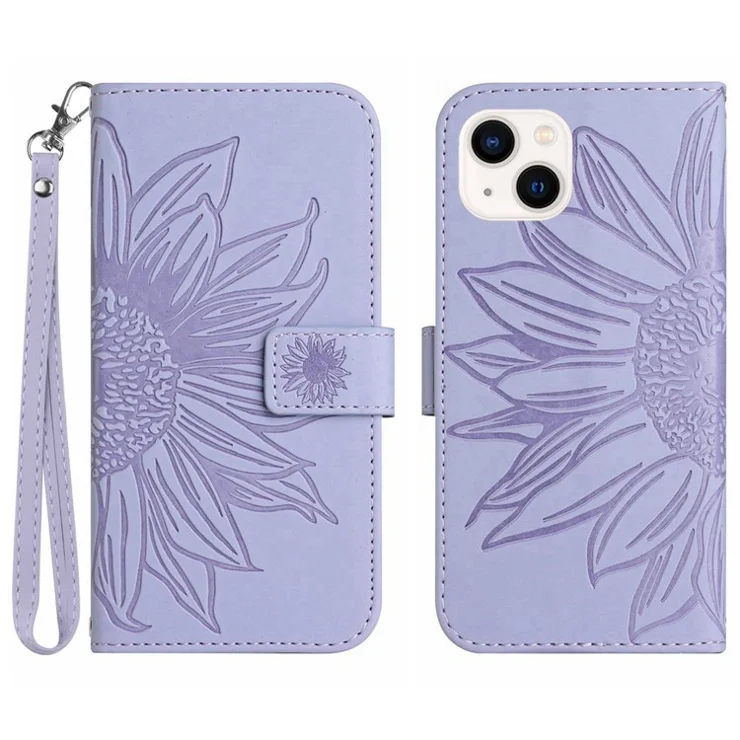 Flip Phone Case for iPhone 13 6.1 inch, HT04 Imprinted Sunflower Stand PU Leather Skin-Touch Magnetic Wallet Cover with Strap - Light Purple
