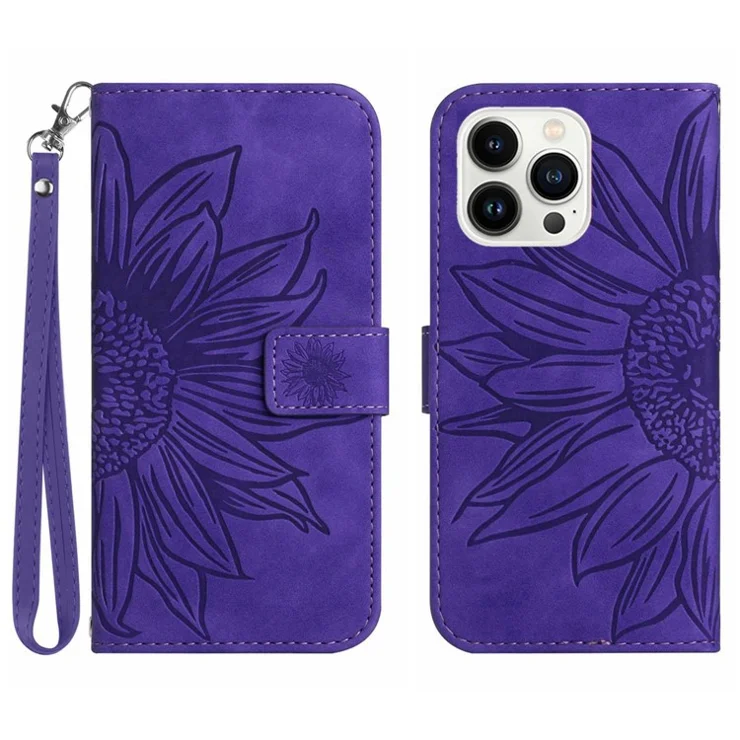 Bump Proof Flip Phone Case for iPhone 14 Pro Max, HT04 Imprinted Sunflower Stand PU Leather Skin-Touch Magnetic Wallet Cover with Strap - Dark Purple