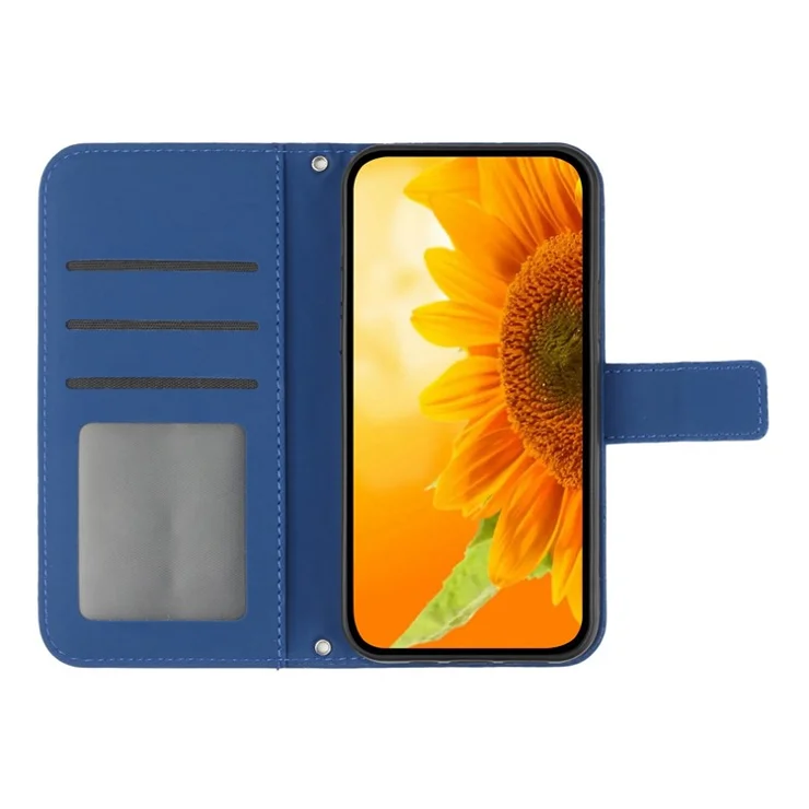 For iPhone 12 Pro 6.1 inch / 12 6.1 inch HT04 Sunflower Imprinted Skin-Touch PU Leather Shell Phone Stand Wallet Drop-proof Cover with Hand Strap - Sapphire
