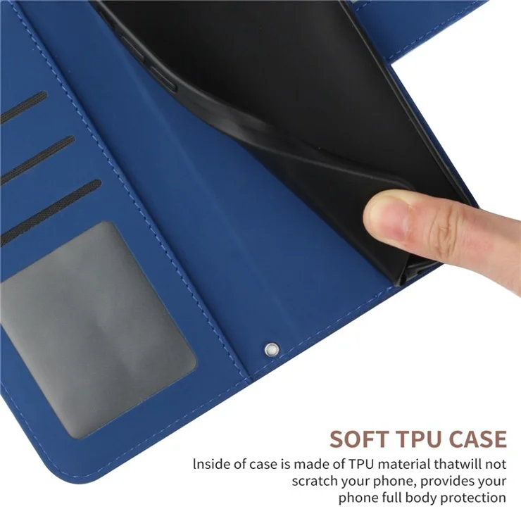For iPhone 13 Pro Max 6.7 inch HT04 Sunflower Imprinted PU Leather Full Protection Shell Skin-Touch Foldable Stand Phone Wallet Case with Hand Strap - Sapphire