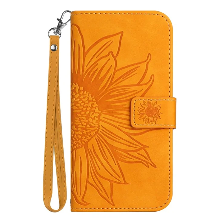 For Samsung Galaxy M23 5G / F23 5G Phone Case, HT04 Drop-proof Skin-Touch PU Leather Imprinted Sunflower Stand Wallet Cover with Hand Strap - Yellow