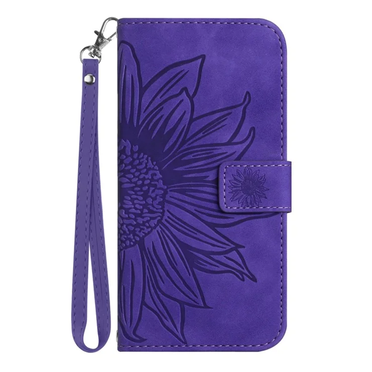 Anti-scratch Flip Phone Case For Samsung Galaxy A13 4G HT04 Imprinted Sunflower Stand PU Leather Skin-Touch Magnetic Wallet Cover with Strap - Dark Purple