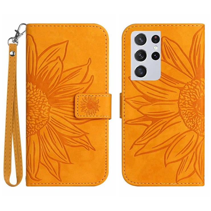For Samsung Galaxy S21 Ultra 5G HT04 Imprinted Sunflower Skin-Touch Phone Case PU Leather Stand Anti-scratch Wallet Cover with Strap - Yellow