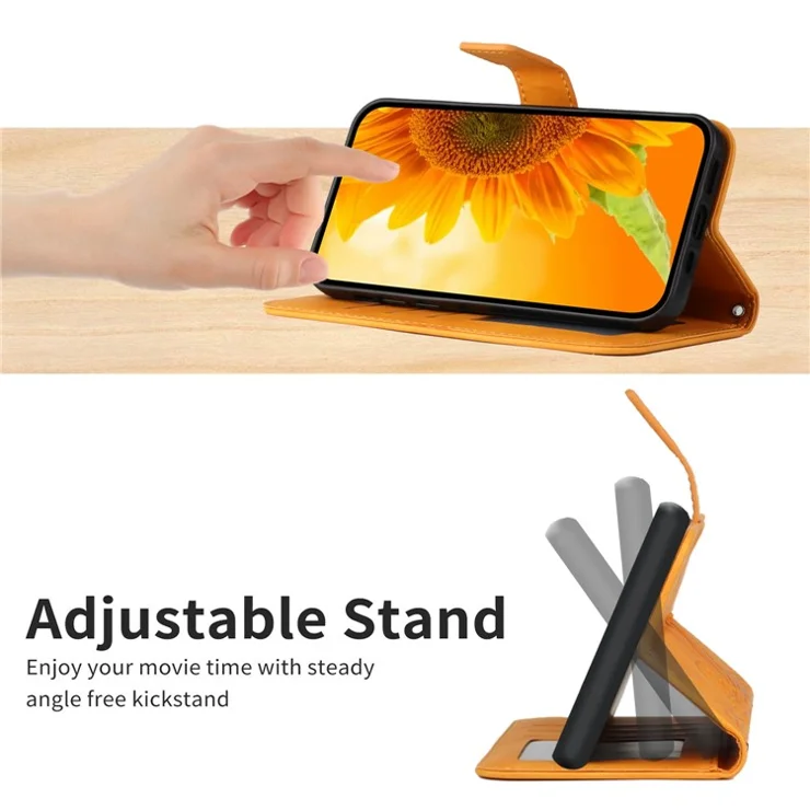 Flip Leather Wallet Case For Samsung Galaxy S21 4G / 5G, HT04 Imprinted Sunflower Skin-Touch Stand Magnetic Closure Protective Phone Cover with Strap - Yellow