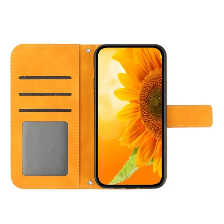 For Samsung Galaxy A32 / M32 5G HT04 PU Leather Shockproof Case Imprinted Sunflower Skin-Touch Phone Stand Wallet Cover with Hand Strap - Yellow