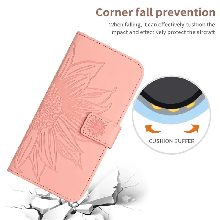 For OnePlus Nord CE 2 5G HT04 Imprinted Sunflower Anti-drop Anti-scratch Case Skin-Touch PU Leather Phone Stand Wallet Cover with Hand Strap - Light Pink