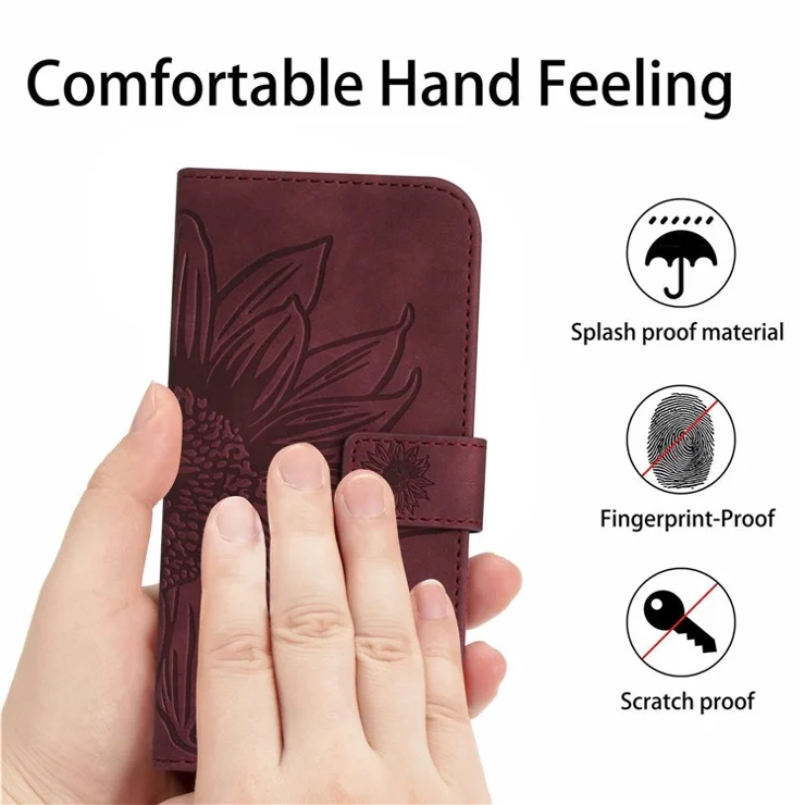 For Asus Zenfone 9 5G HT04 Imprinted Sunflower Wallet Case Skin-Touch PU Leather Stand Feature Flip Phone Cover with Hand Strap - Wine Red