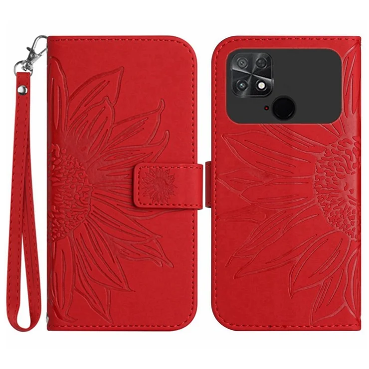 For Xiaomi Poco C40 4G HT04 Imprinted Sunflower PU Leather Flip Case Wallet Style Skin-Touch Shockproof Folio Stand Cover with Wrist Strap - Red