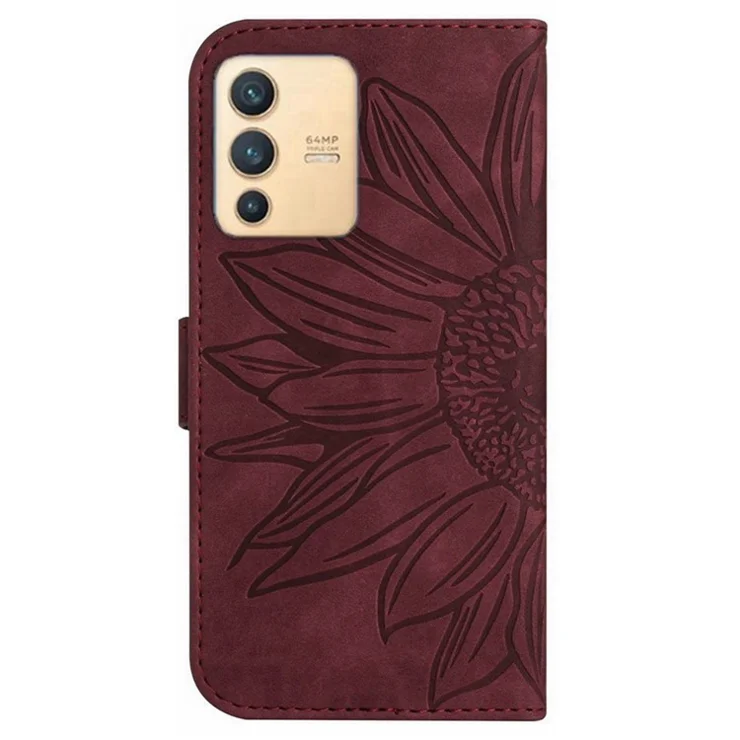 Imprinted Sunflower PU Leather Case for vivo V23 5G, Skin-touch Wallet Stand Folio Flip Anti-drop Phone Cover with Strap - Wine Red