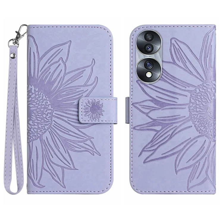 Skin-Touch Feeling Flip Phone Case for Honor 70 5G, Imprinted Sunflower Stand PU Leather Bump Proof Magnetic Wallet Cover with Strap - Light Purple