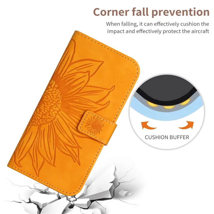 For Xiaomi Redmi Note 11T Pro 5G / Note 11T Pro+ 5G / Note 12T Pro 5G / Poco X4 GT 5G / Redmi K50i 5G HT04 PU Leather Imprinted Sunflower Drop-proof Case Skin-touch Phone Stand Wallet Cover with Shoulder Strap - Yellow