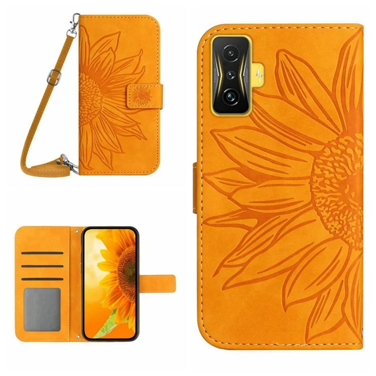 For Xiaomi Poco F4 GT / Redmi K50 Gaming 5G HT04 Sunflower Imprinted PU Leather Anti-drop Stand Case Skin-touch Anti-scratch Phone Wallet Cover with Shoulder Strap - Yellow