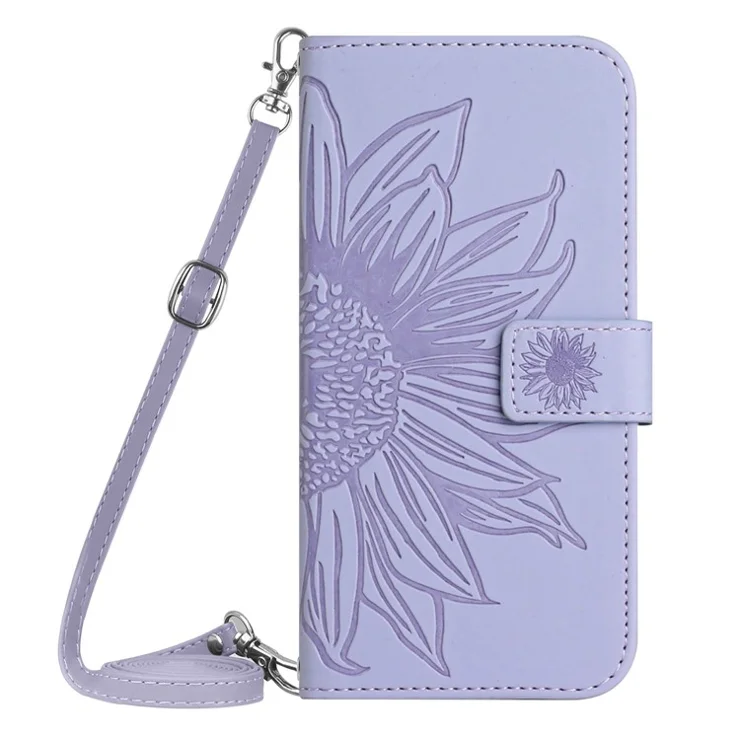 For iPhone 14 Plus HT04 Skin-touch PU Leather Stand Case Imprinted Sunflower Full Protection Phone Wallet Cover with Shoulder Strap - Light Purple