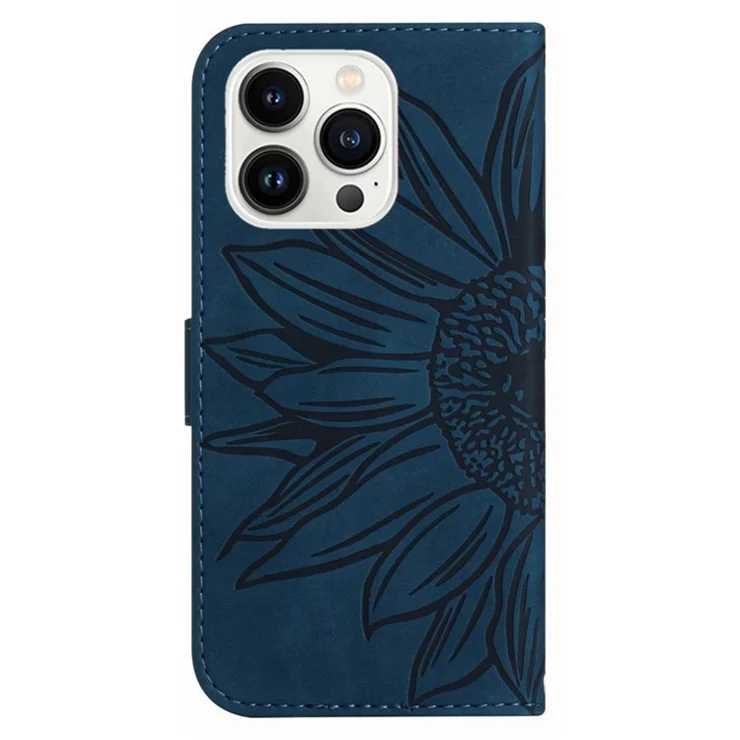 Imprinted Sunflower Phone Case for iPhone 14 Pro, HT04 Stand Wallet Skin-touch PU Leather Inner TPU Cover with Shoulder Strap - Dark Blue